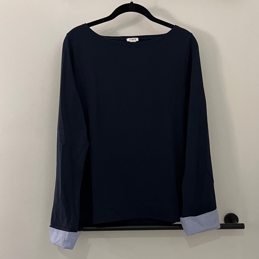 J Crew Preppy Cuff Sleeve Shirt, Navy Size M